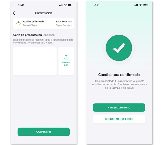 Envío de una candidatura con carta de presentación y confirmación en la app Farmajobs
