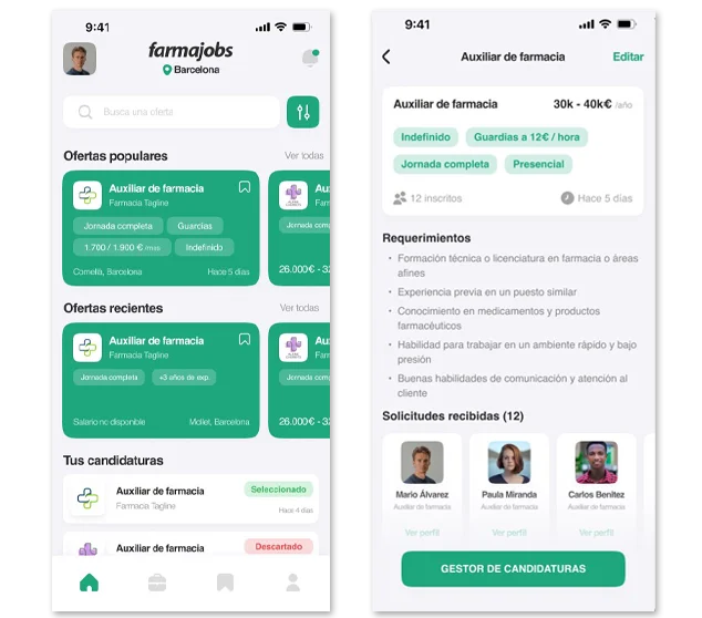 Listado de ofertas y detalle de una oferta de auxiliar de farmacia en la app Farmajobs