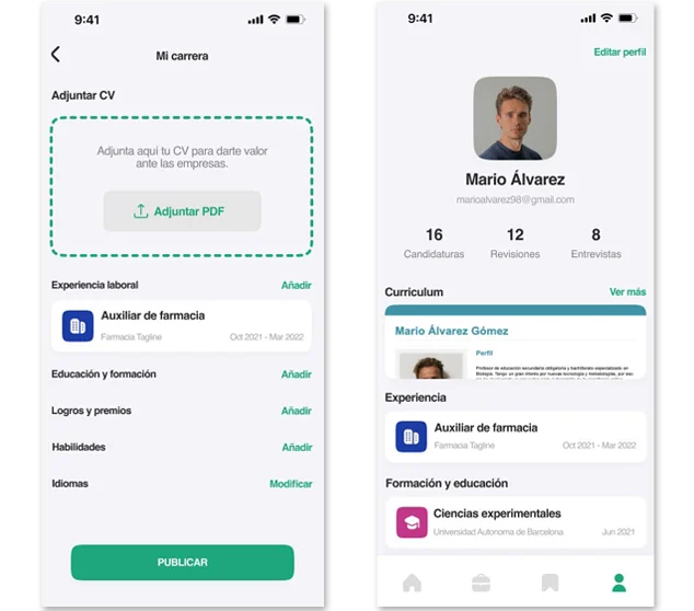 Perfil del candidato con CV, experiencia y formación en la app Farmajobs